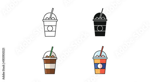 Four different types of illustrated drinks in disposable cups with lids and straws