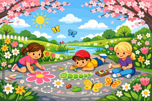 Children enjoy outdoor art activities on a sunny day near a pond with flowers and butterflies
