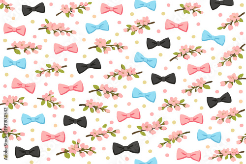 Colorful bows and flowers pattern on white background with dots in a fun design for crafts and decorations