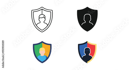 Four distinct digital shields representing identity, security, and technology concepts