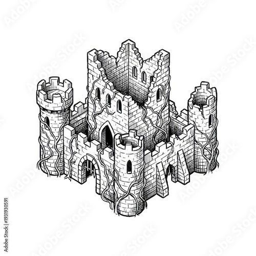 Hand drawn sketch of a ruined crumbling castle map illustration.