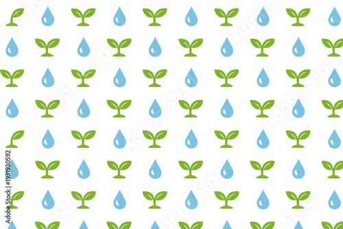 Repeated pattern design of plants and water droplets on a white background for a casual setting