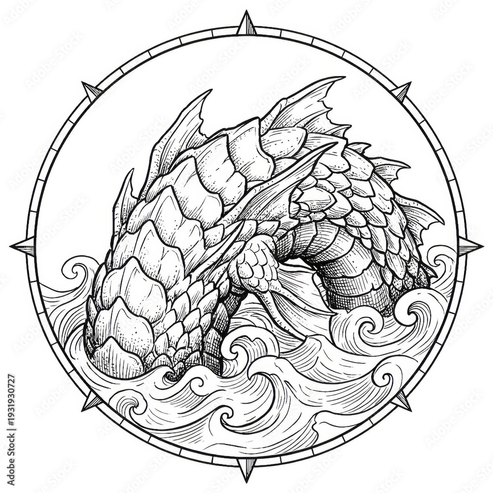 Fototapeta premium Hand drawn sketch of a giant ancient leviathan fish jumping map illustration.