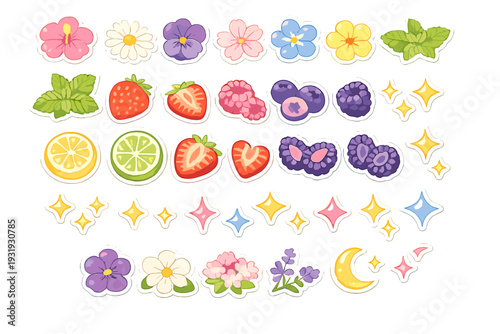Bright colorful stickers with flowers, fruits, and sparkles on a white background for creative projects