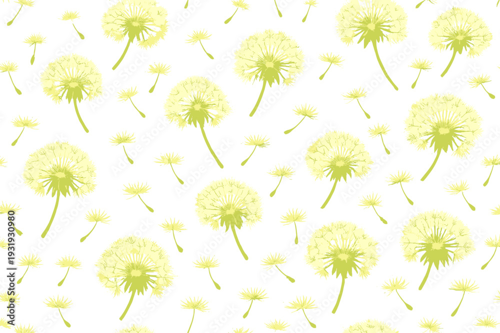 Obraz premium Bright dandelion flowers in green on white background arranged in a repeating pattern suitable for various applications