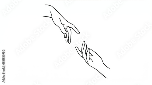 Minimalist One Line Drawing of Two Hands Reaching Towards Each Other