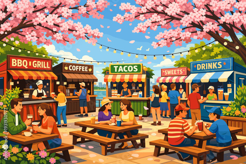People enjoy food and drinks at a colorful market surrounded by blooming trees on a sunny day