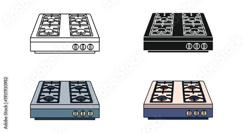 Four views of a modern electric range with digital display and stainless steel finish