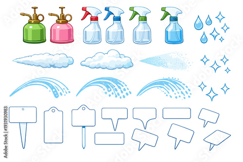 Different cleaning tools and elements for various tasks displayed on a flat surface for organization and use during cleaning activities