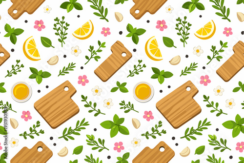 Bright design featuring cutting boards, herbs, lemon slices, and flowers on a white background in a kitchen setting