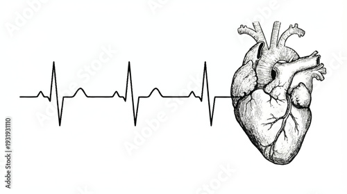 Medical Illustration of Heart Anatomy and Cardiogram Rhythm on White Background