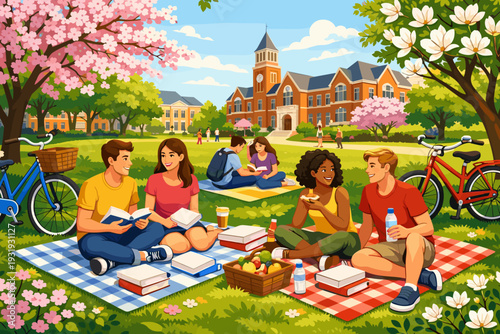 Friends enjoy a picnic in a park on a sunny day with bicycles and flowers in the background