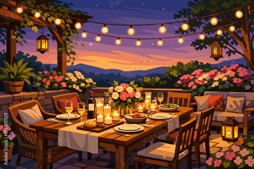 Outdoor dining setup with lights and flowers in a garden at sunset overlooking the mountains