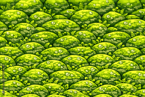 Green hills with water droplets and small plants on top during daytime in a vibrant landscape in a cartoon style