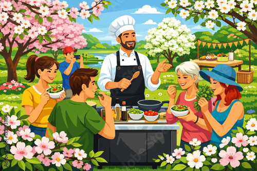 Group of people enjoying a cooking event in a garden with flowers and trees while a chef prepares food