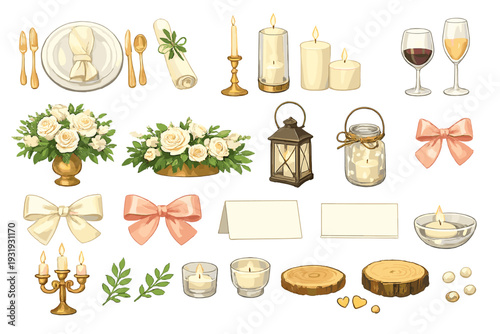Decorative elements for a wedding or party celebration with floral arrangements, candles, and table settings