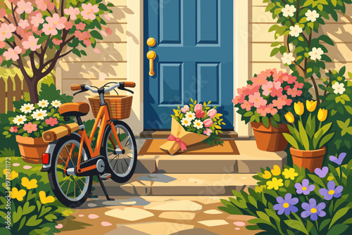 Front porch with a bicycle, flowers, and a bouquet at a house during springtime