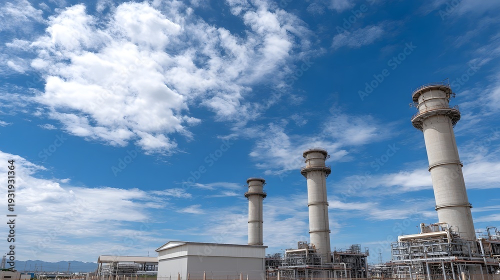 Obraz premium Industrial power plant with multiple chimneys against a bright blue sky with white clouds