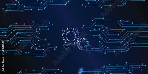 Abstract Technology Background, blue pattern with electric light, microchip, power line,Illustrations Vectors circuit board on a dark technological background.