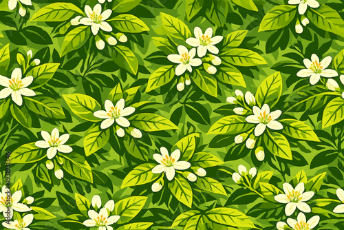 Pattern of green leaves and white flowers fills the surface with a natural garden scene for decorative use
