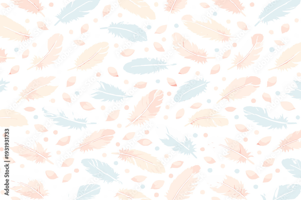 Fototapeta premium Feathers and leaves in soft colors creating a simple and light pattern on a white background for craft or design use