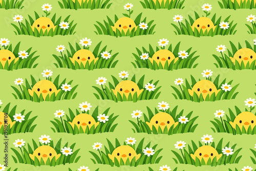 Bright yellow chicks pop up from green grass with flowers in a sunny outdoor scene during springtime
