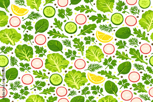 Fresh greens and vegetables arranged on a flat surface for a healthy meal prep or food art display