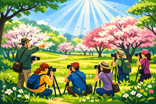Group of photographers capturing moments in a sunny park with blooming cherry blossom trees during the day
