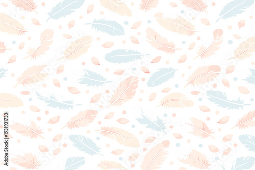 Feathers and leaves in soft colors creating a simple and light pattern on a white background for craft or design use