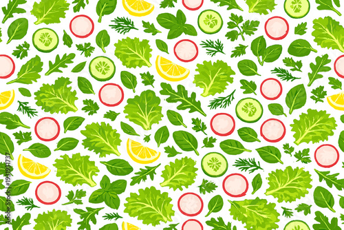 Different kinds of greens, vegetables, and herbs arranged in a pattern on a white background during daylight