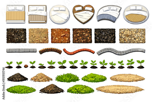 Different types of beds and soil materials for gardening or landscaping projects in a flat design style