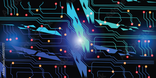 Abstract image of a circuit board with glowing background image of a digital circuitry with blue