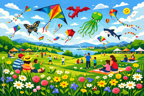 Kite flying event in a park with people, colorful kites, flowers, and activities by the lake