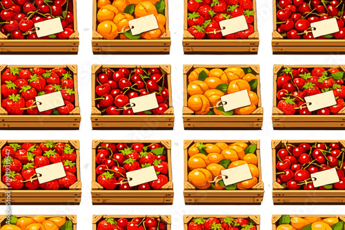 Fruit displayed in wooden boxes with blank labels for market sale on a white background