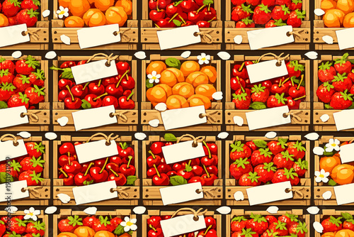 Colorful fruit display in wooden crates with empty tags at a market during daytime