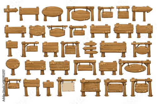 Different types of wooden signs for guiding or marking paths in outdoor areas, used in parks, forests, or gardens