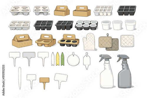 Containers and tools for gardening on a white background with diverse styles and sizes of pots and labels displayed