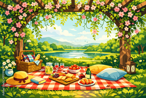 Enjoying a picnic by the lake with a basket, drinks, and food under a flower-covered arch on a sunny day