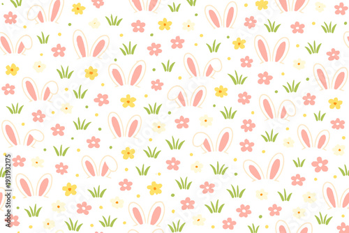 Bunnies and flowers create a colorful pattern for spring celebrations and seasonal decor in a cheerful and playful design