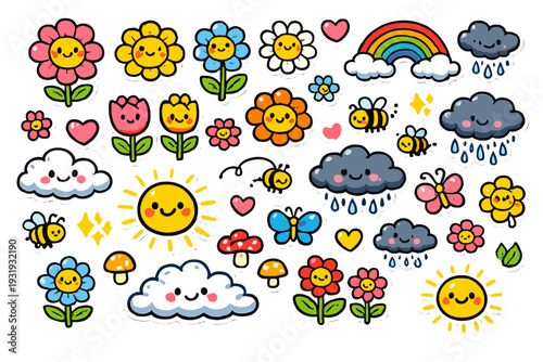 Colorful sticker designs featuring flowers, sunshine, rainbows, and clouds in a vibrant scene for fun decoration or craft projects