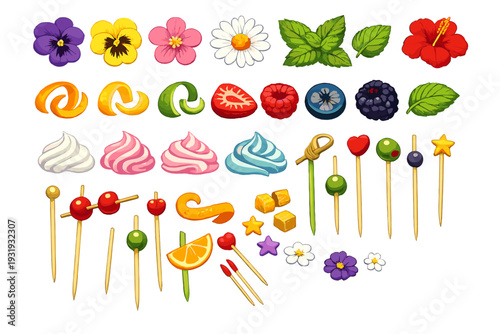 Colorful toppings and decorations for desserts and drinks display bright elements for festive events or casual gatherings