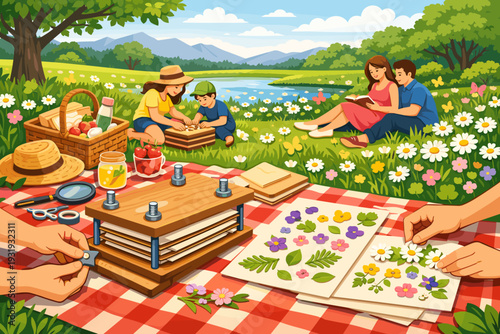 Families enjoy a day in nature with picnic activities and flower pressing by the riverbank during a sunny afternoon