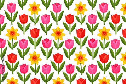 Colorful flowers decorate a white background with tulips and daffodils in a pattern for spring season