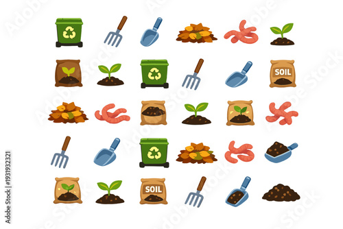 Various objects and tools for gardening and composting are arranged in a grid pattern with colorful icons
