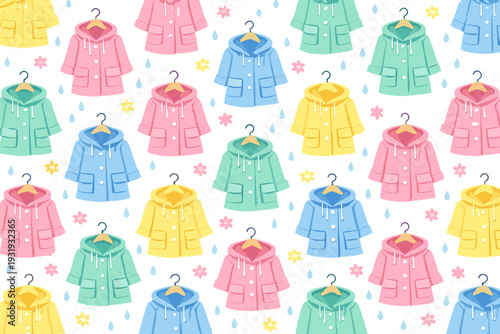 Colorful raincoats and raindrops on a white background create a cheerful pattern showing waterproof clothing for rainy days