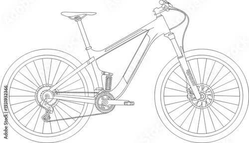 Detailed line of a mountain bike with suspension and gears bicycle line black and white 1 wheels tires