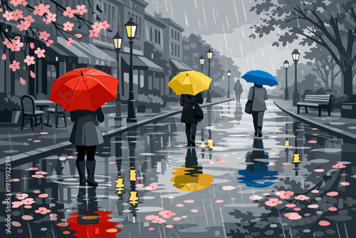 People walk with umbrellas on a rainy street with reflections from city lights in the water