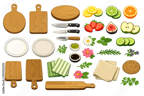 Kitchen tools and ingredients for cooking healthy meals at home in a bright setting during the day