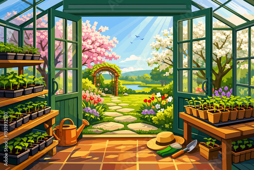 Sunny greenhouse with plants and flowers in springtime near a pond and garden path