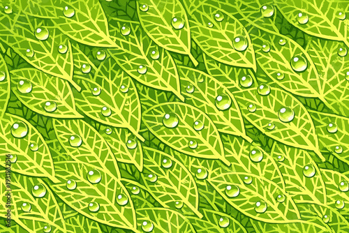 Green leaves with water droplets in a close-up view during the daytime in a natural setting with plants and trees surrounding them